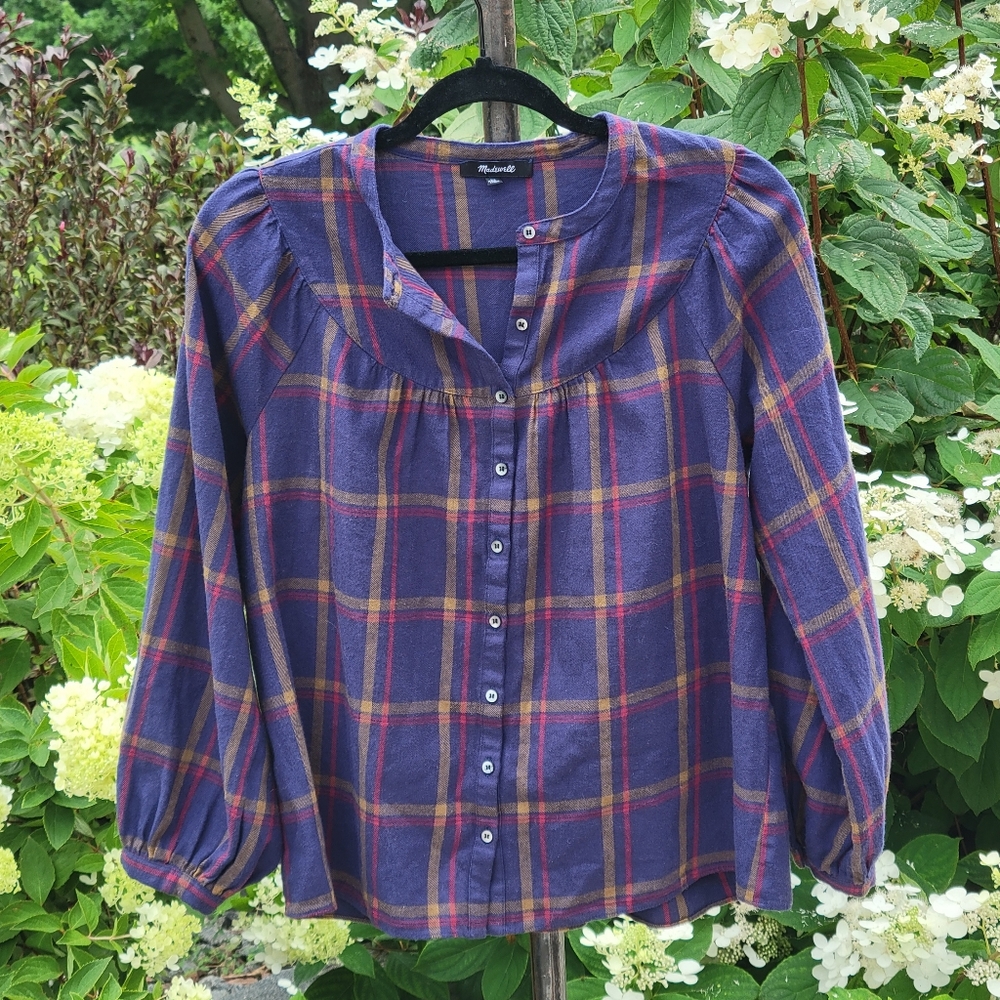 Madewell flannel plaid blue red gold long sleeve quarter button blouse XS